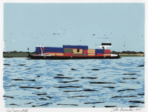 Containerschiff, 2025, Linolschnitt auf Karton, Blatt 21 x 29,7 cm, Druck 15 x 20  cm