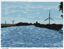 Windmühlen, 2025, Linolschnitt auf Karton, Blatt 21 x 29,7 cm, Druck 15 x 20  cm