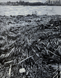 Ufer Paradiesstrand, 2026, Linolschnitt auf Büttenpapier, Blatt 49,5 x 39 cm, Druck 39 x 30 cm